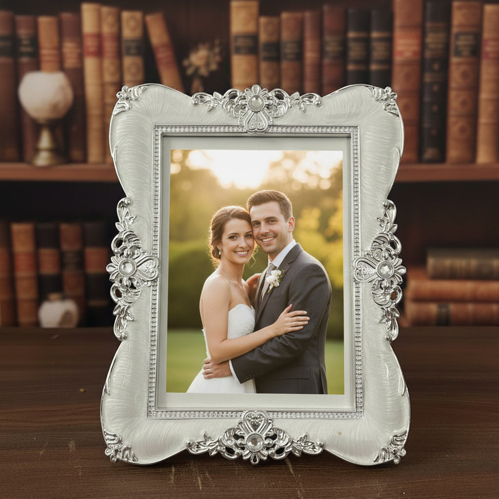 Ornate White Silver Photo Frame, Vintage Floral Design, 5x7 Inch, Wedding Decor, Table Top Display