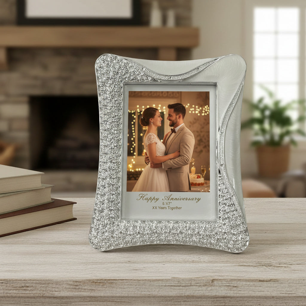 Crystal Rhinestone Embellished Silver Photo Frame, Elegant Wedding Decor, Table Top Display (Silver, 5 X 7cm)