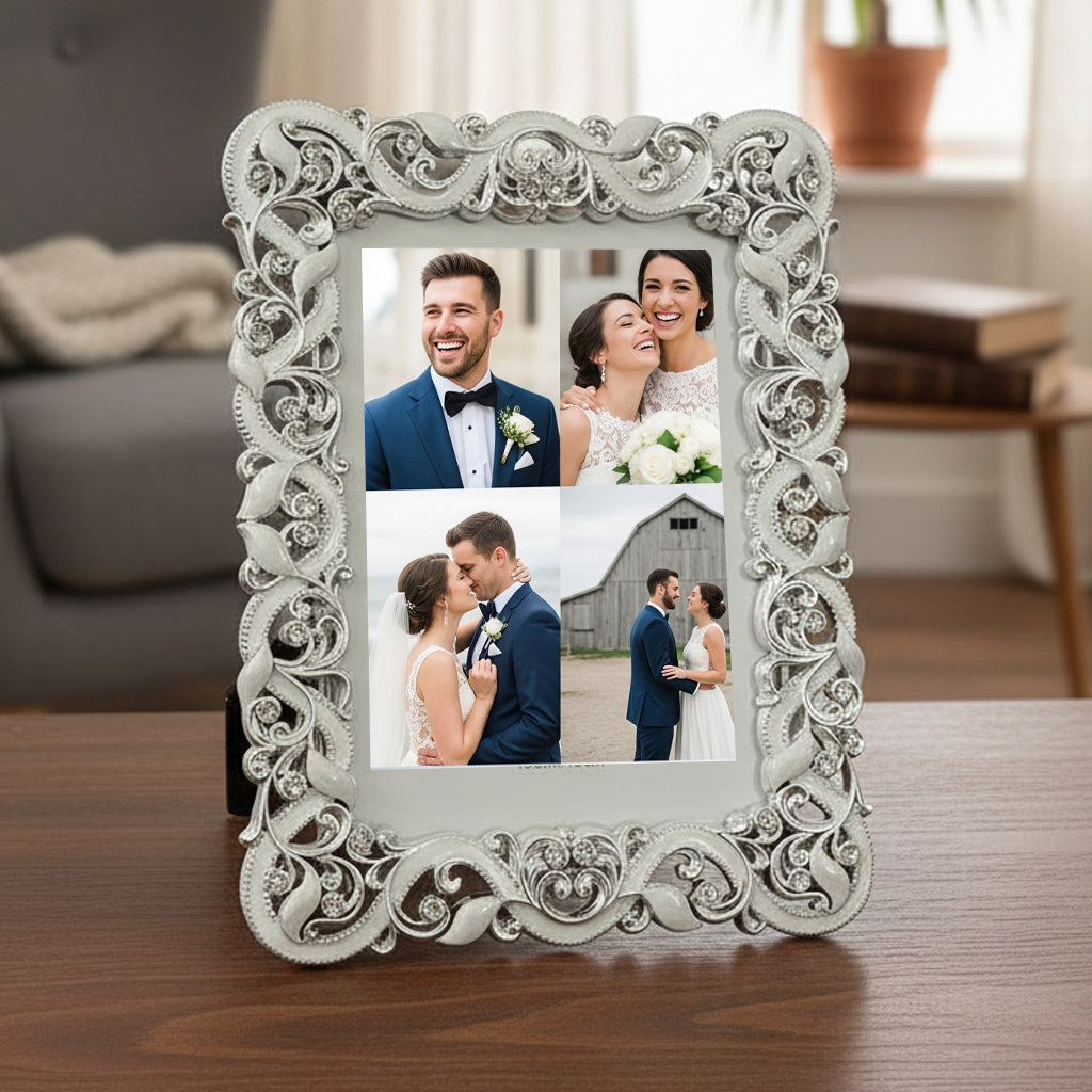 Ornate Silver Resin Photo Frame, Baroque Filigree Scroll Design with Rhinestone Accents, 13x18 cm, Wedding Tabletop Display