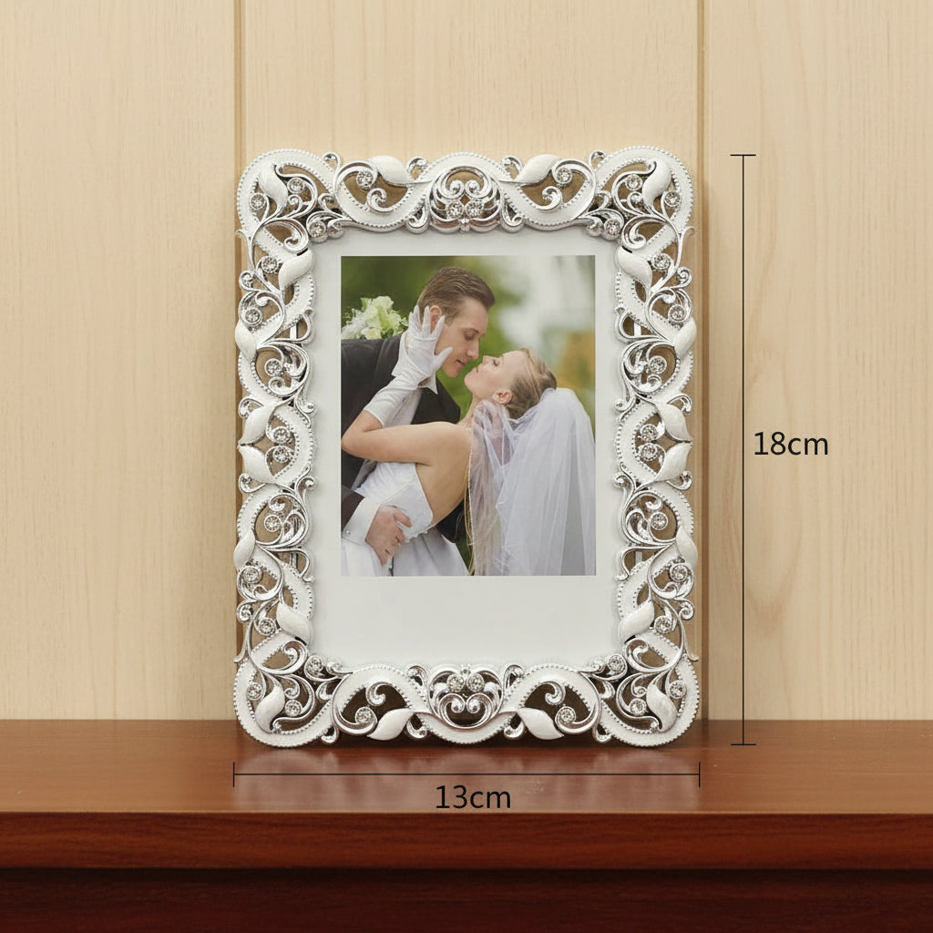 Ornate Silver Resin Photo Frame, Baroque Filigree Scroll Design with Rhinestone Accents, 13x18 cm, Wedding Tabletop Display