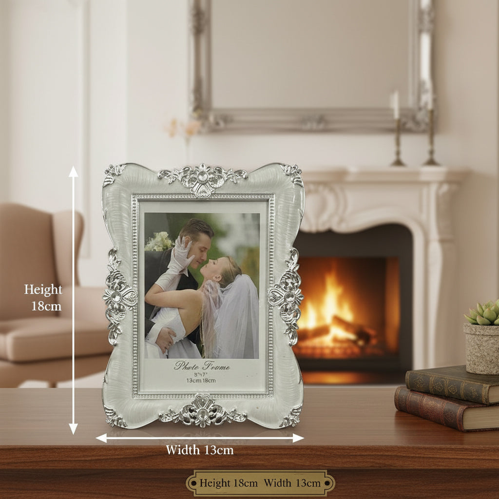 Ornate White Silver Photo Frame, Vintage Floral Design, 5x7 Inch, Wedding Decor, Table Top Display