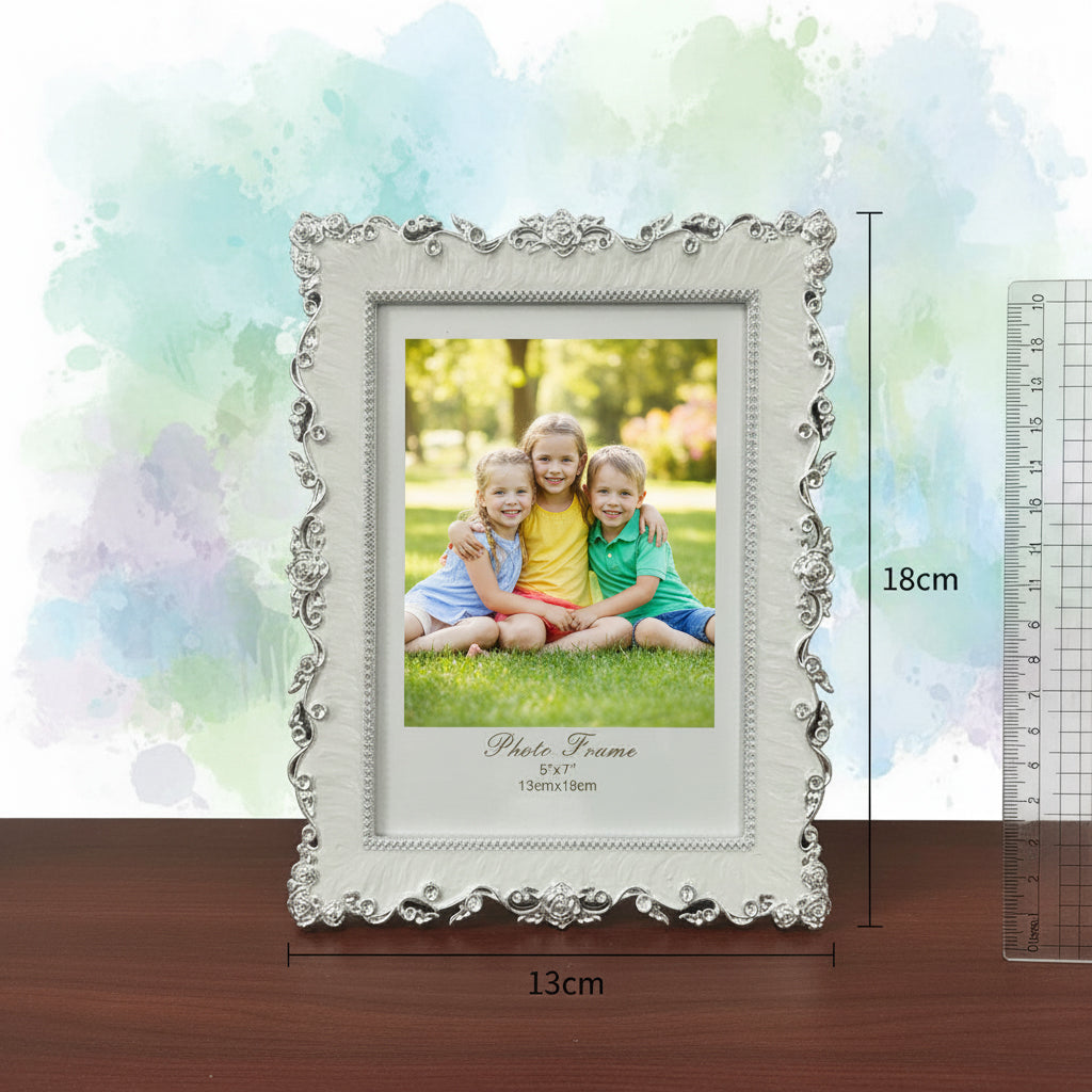 Ornate Silver Resin Photo Frame, White and Silver, Floral Rose Embossed, Vintage Style, 13x18 cm, Tabletop Display, Wedding Theme