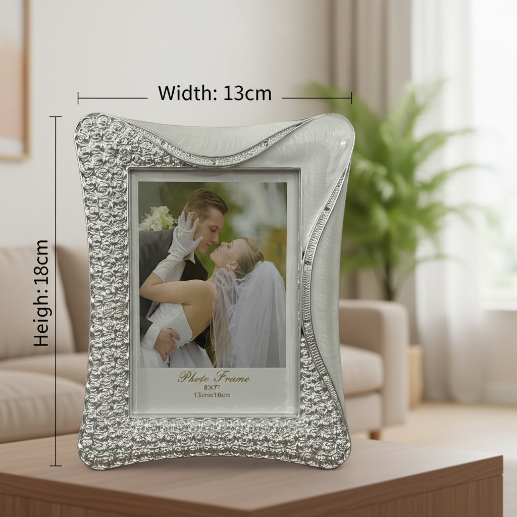 Crystal Rhinestone Embellished Silver Photo Frame, Elegant Wedding Decor, Table Top Display (Silver, 5 X 7cm)
