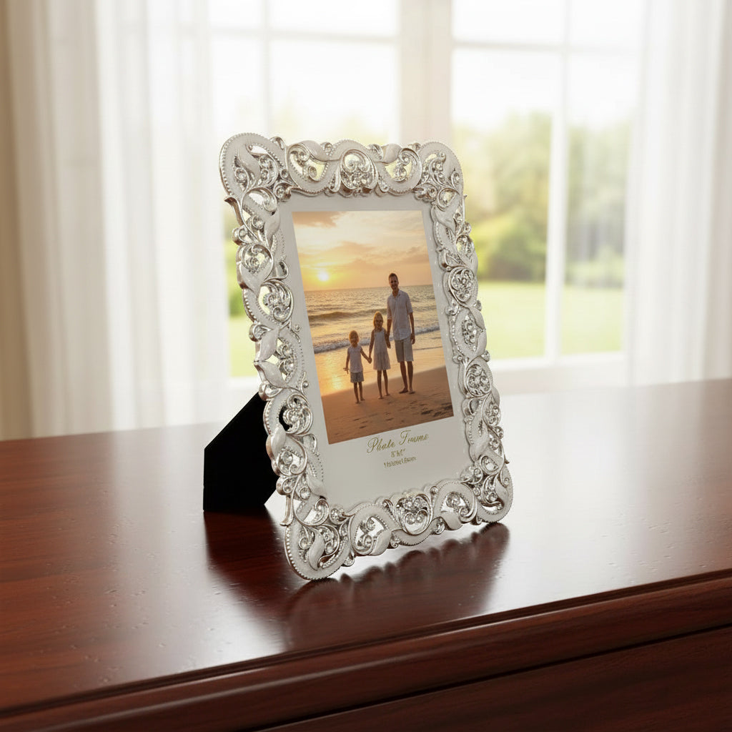 Ornate Silver Resin Photo Frame, Baroque Filigree Scroll Design with Rhinestone Accents, 13x18 cm, Wedding Tabletop Display
