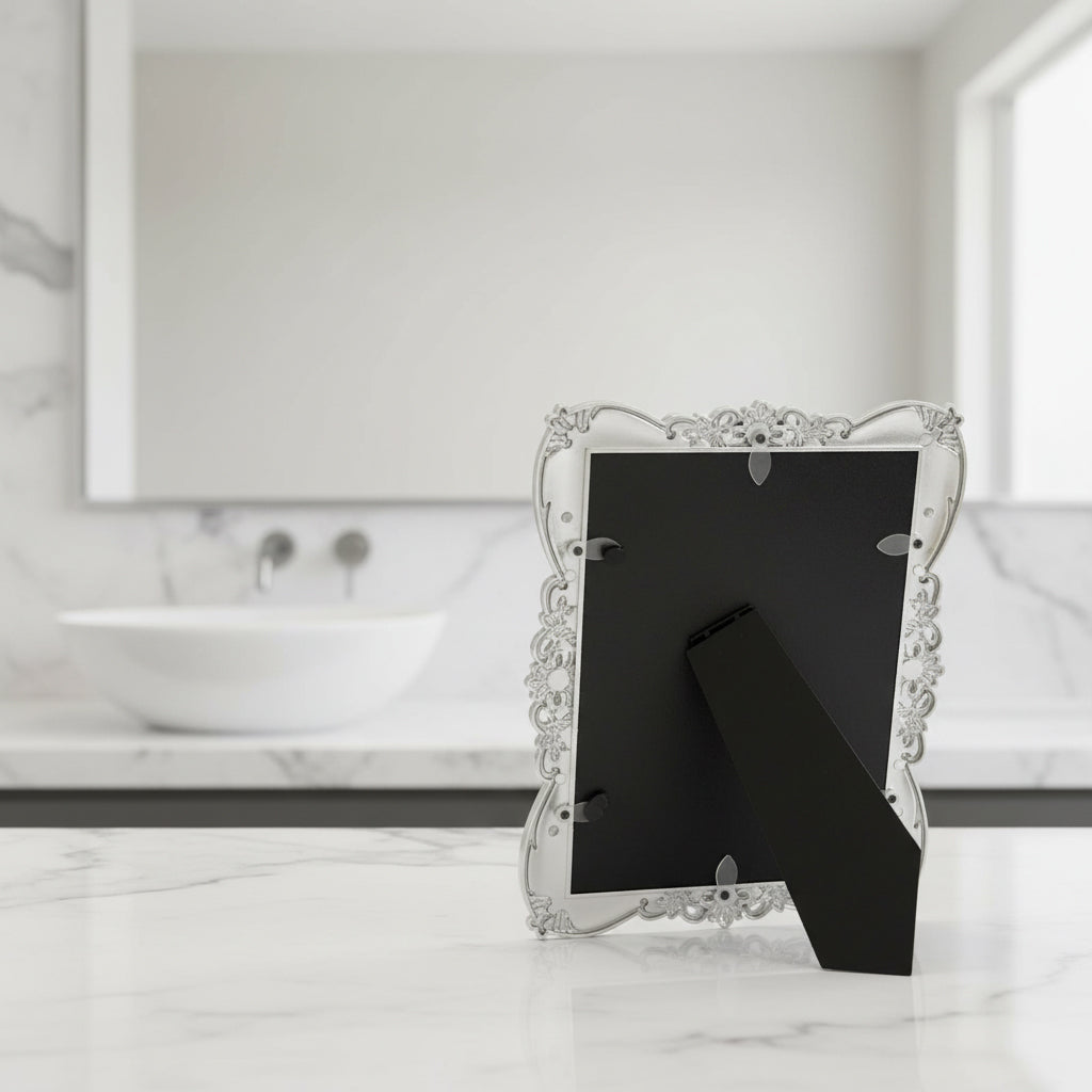 Ornate White Silver Photo Frame, Vintage Floral Design, 5x7 Inch, Wedding Decor, Table Top Display