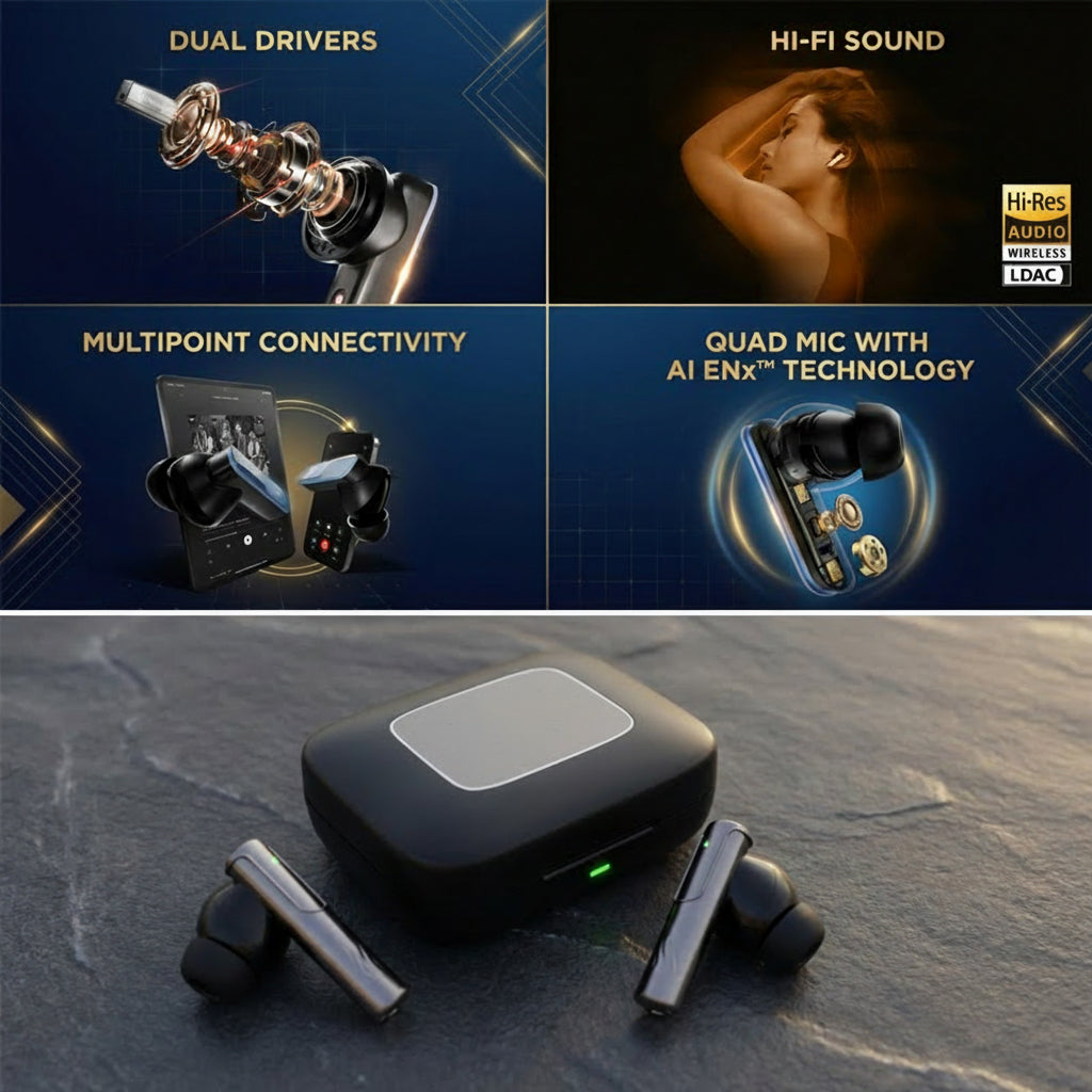 Boat Nirvana Ivy Pro, Dolby Atmos w/Head Tracking, 52dB Hybrid Adaptive ANC,Hi-Res LDAC, Titanium Dual Drivers, Bluetooth Earbuds, TWS Ear Buds Wireless Earphones w/mic (Crystal Black)