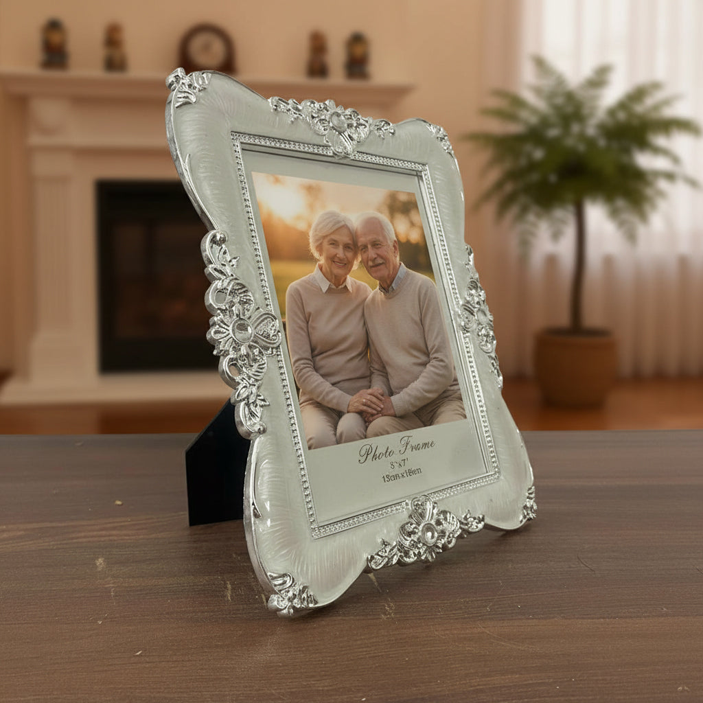 Ornate White Silver Photo Frame, Vintage Floral Design, 5x7 Inch, Wedding Decor, Table Top Display