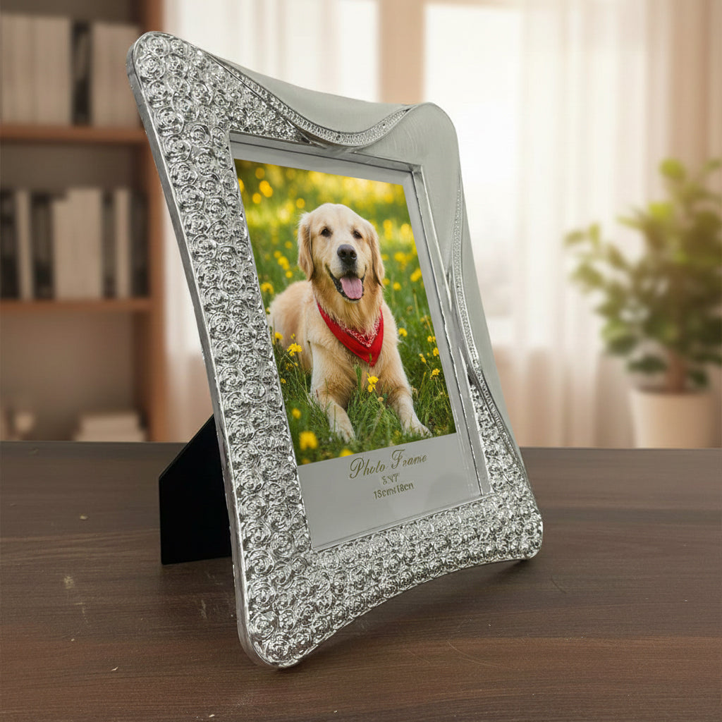 Crystal Rhinestone Embellished Silver Photo Frame, Elegant Wedding Decor, Table Top Display (Silver, 5 X 7cm)