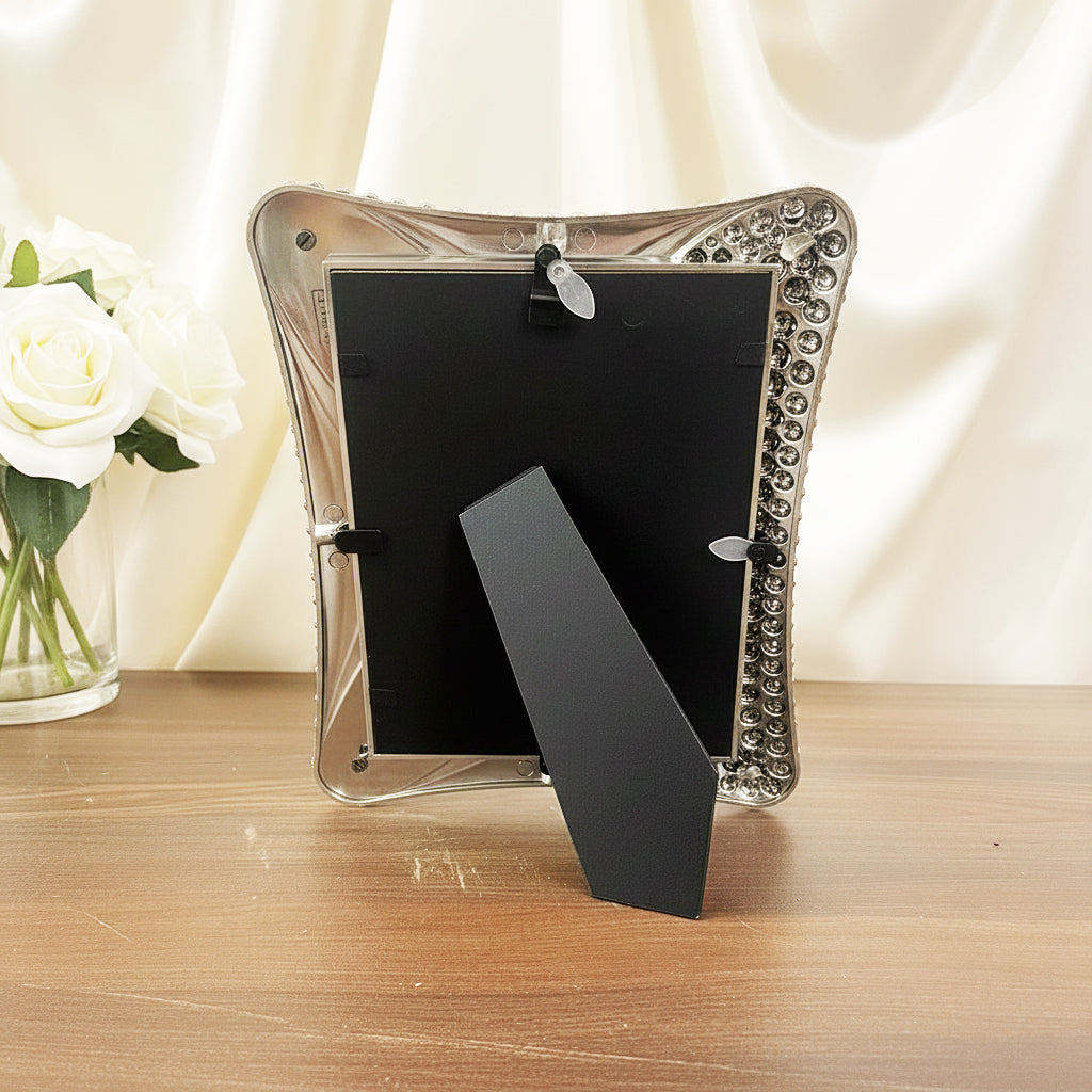 Crystal Rhinestone Embellished Silver Photo Frame, Elegant Wedding Decor, Table Top Display (Silver, 5 X 7cm)