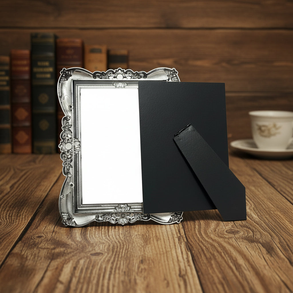 Ornate Silver Resin Photo Frame, Baroque Filigree Scroll Design with Rhinestone Accents, 13x18 cm, Wedding Tabletop Display