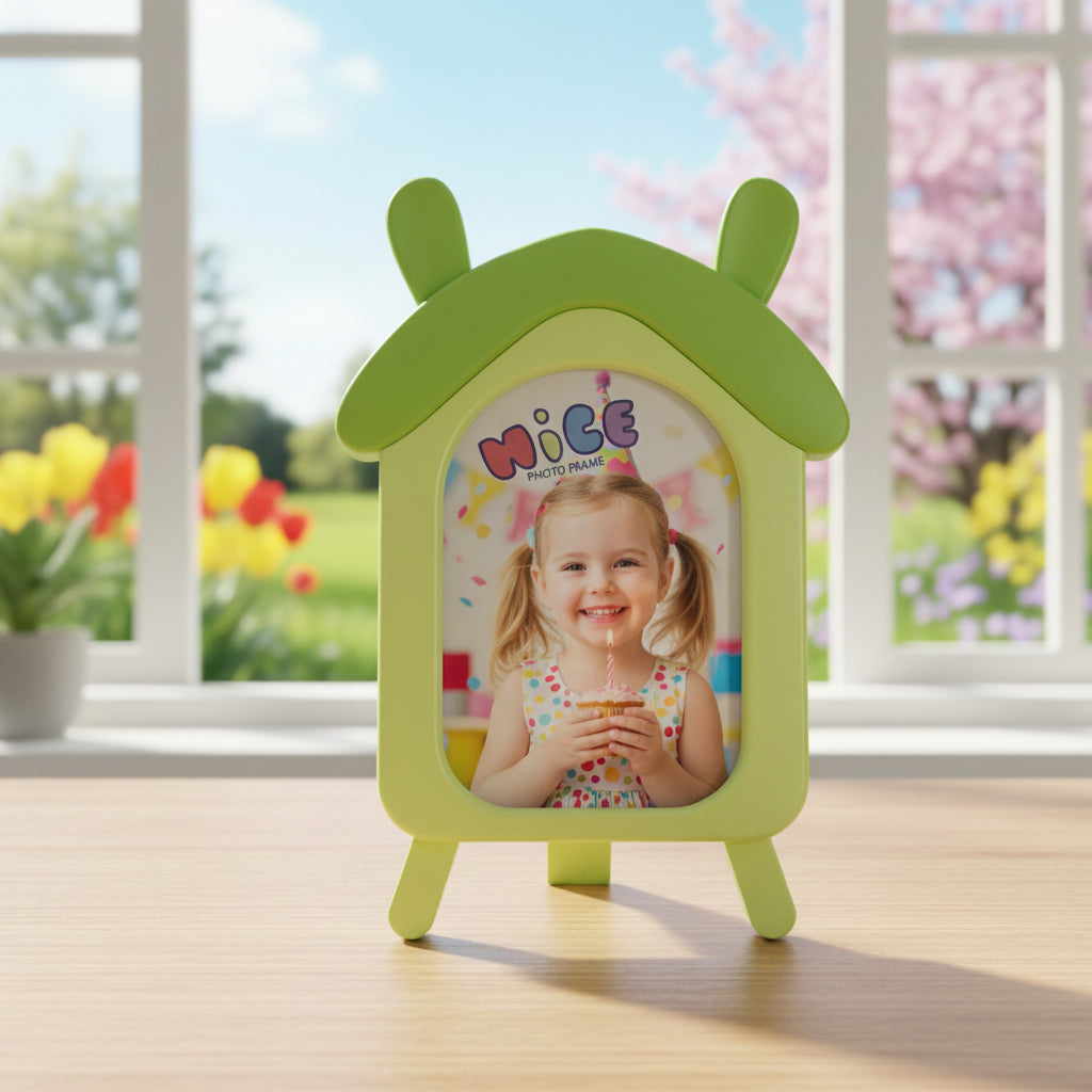Cartoon House Design Kids Photo Frame, Cute Pink Table Top Picture Frame for Baby Room, Birthday Gift for Kids, Nursery Decor Photo Frame (10.2 x 15.5 cm) (Light Green)