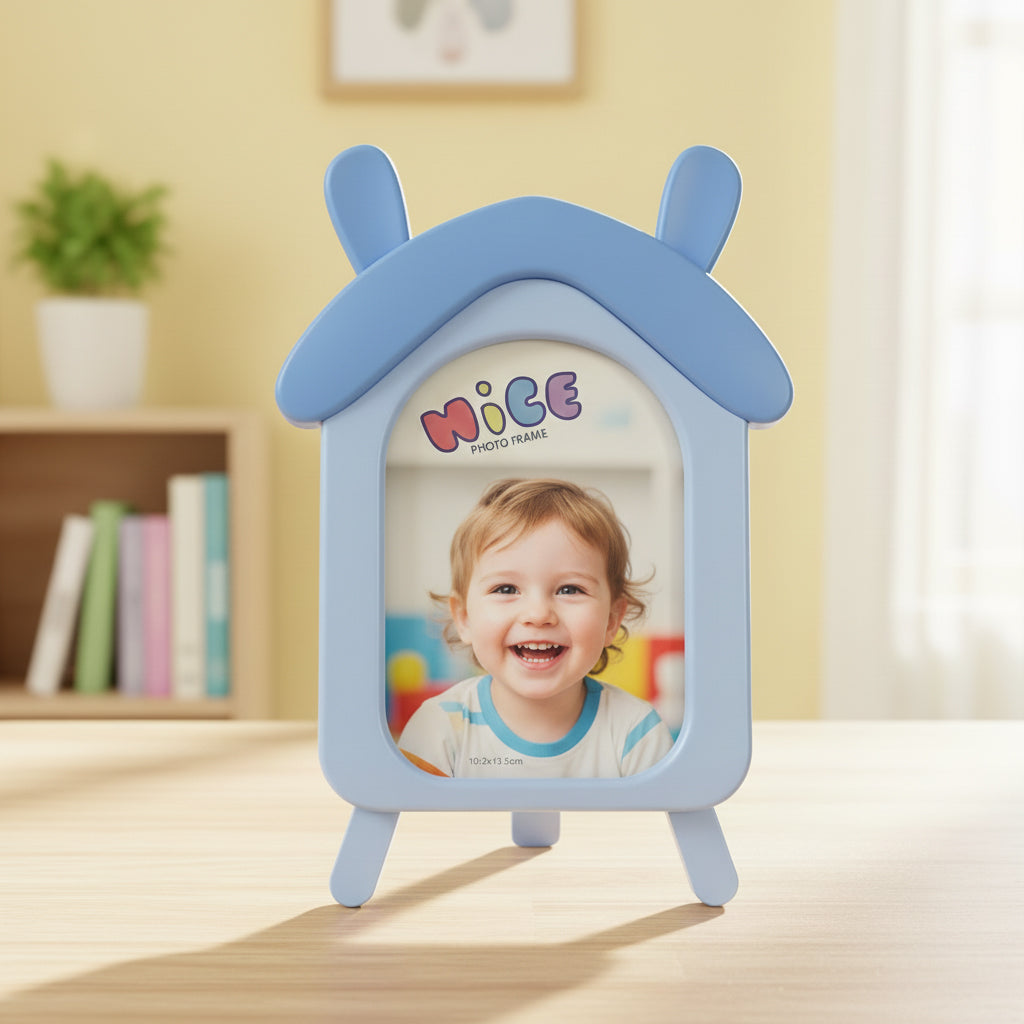 Cartoon House Design Kids Photo Frame, Cute Pink Table Top Picture Frame for Baby Room, Birthday Gift for Kids, Nursery Decor Photo Frame (10.2 x 15.5 cm) (Sky Blue)