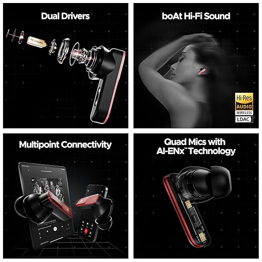 Boat Nirvana X TWS,Knowles Dual Drivers, Hi-Res Audio LDAC, App Support,4Mic ENx,Dual Pair,Spatial Audio,Fast Charge, Bluetooth Earbuds, TWS Ear Buds Wireless Earphones with mic (Galactic Red)