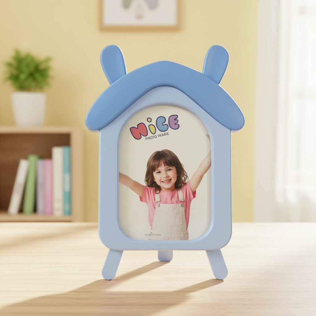Cartoon House Design Kids Photo Frame, Cute Pink Table Top Picture Frame for Baby Room, Birthday Gift for Kids, Nursery Decor Photo Frame (10.2 x 15.5 cm) (Sky Blue)