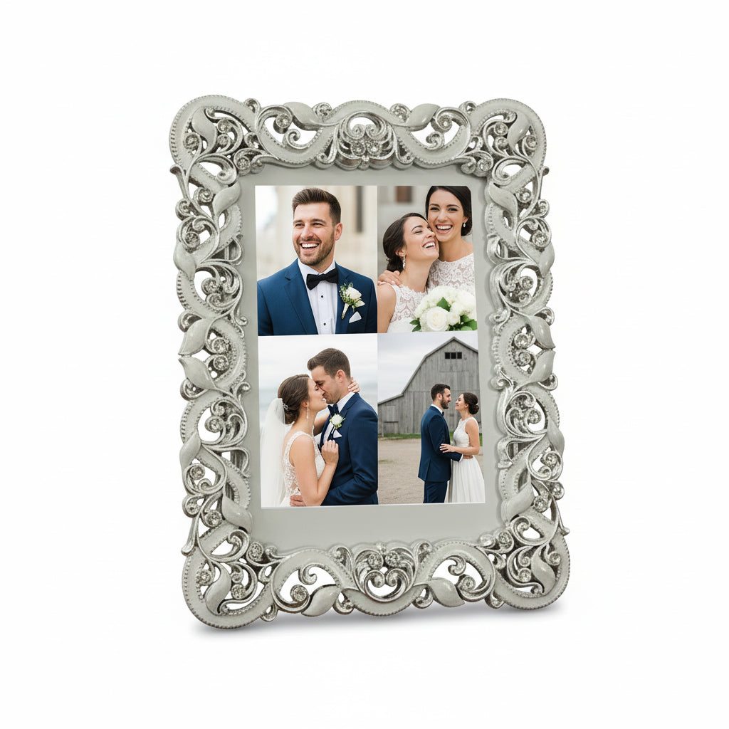 Ornate Silver Resin Photo Frame, Baroque Filigree Scroll Design with Rhinestone Accents, 13x18 cm, Wedding Tabletop Display