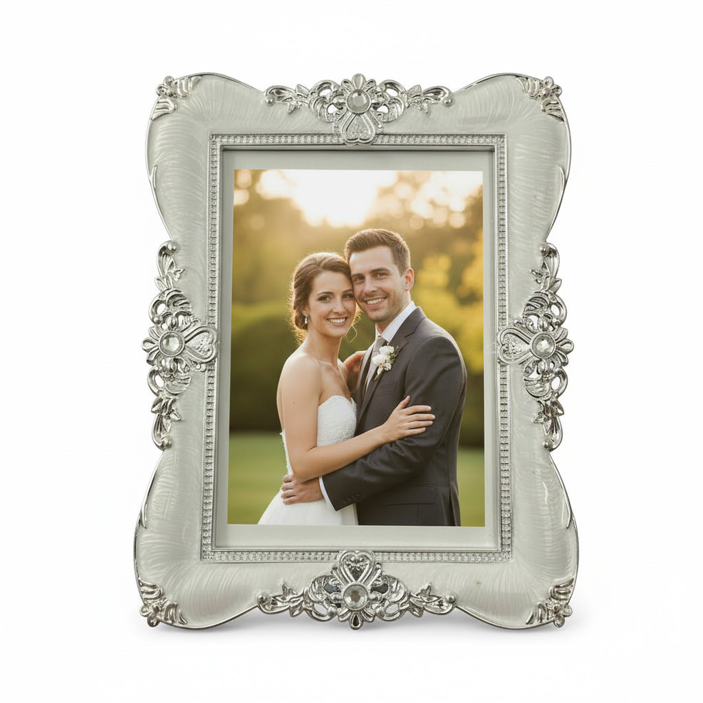 Ornate White Silver Photo Frame, Vintage Floral Design, 5x7 Inch, Wedding Decor, Table Top Display