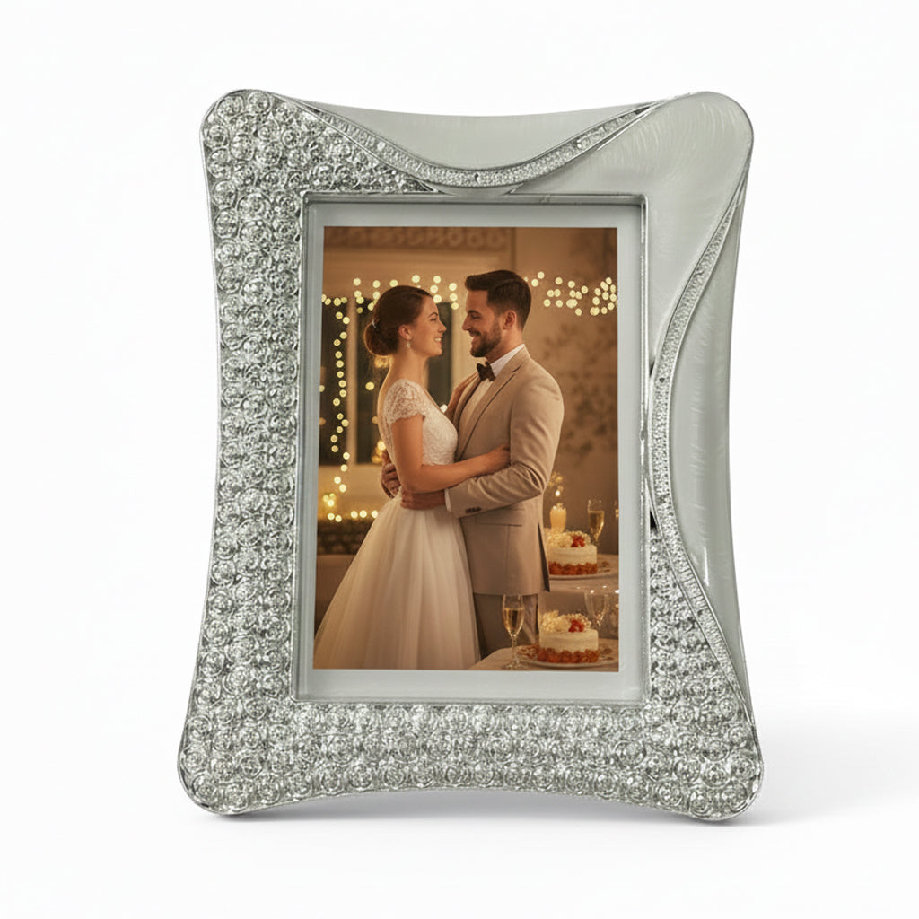 Crystal Rhinestone Embellished Silver Photo Frame, Elegant Wedding Decor, Table Top Display (Silver, 5 X 7cm)