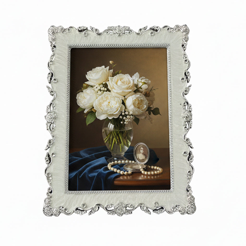 Ornate Silver Resin Photo Frame, White and Silver, Floral Rose Embossed, Vintage Style, 13x18 cm, Tabletop Display, Wedding Theme